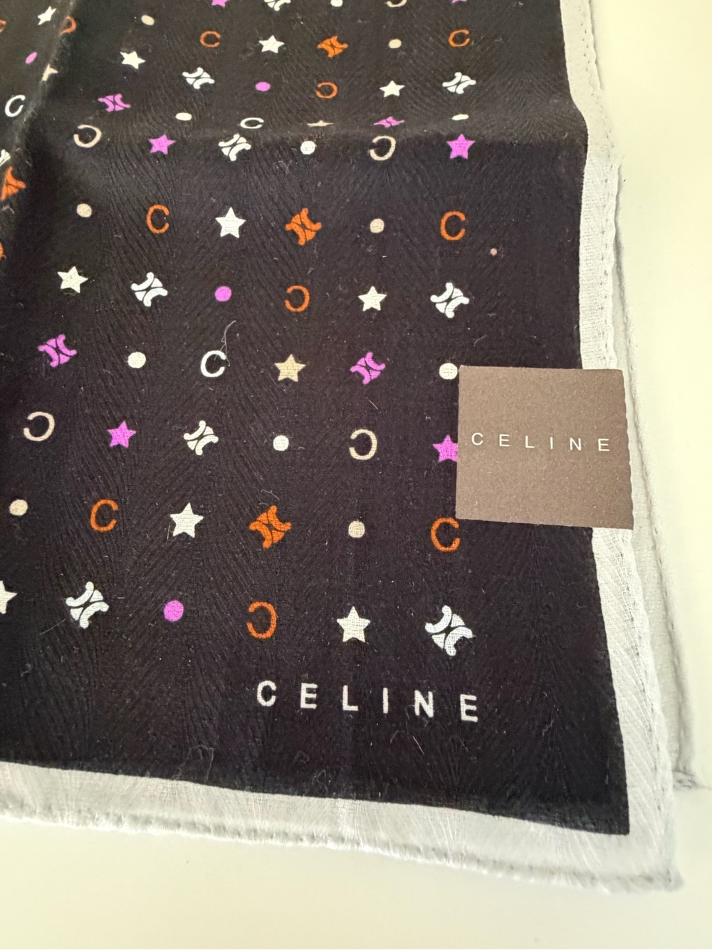 Celine Black Cotton Scarf with Purple, White and Brown Motif - Picture 2 of 2